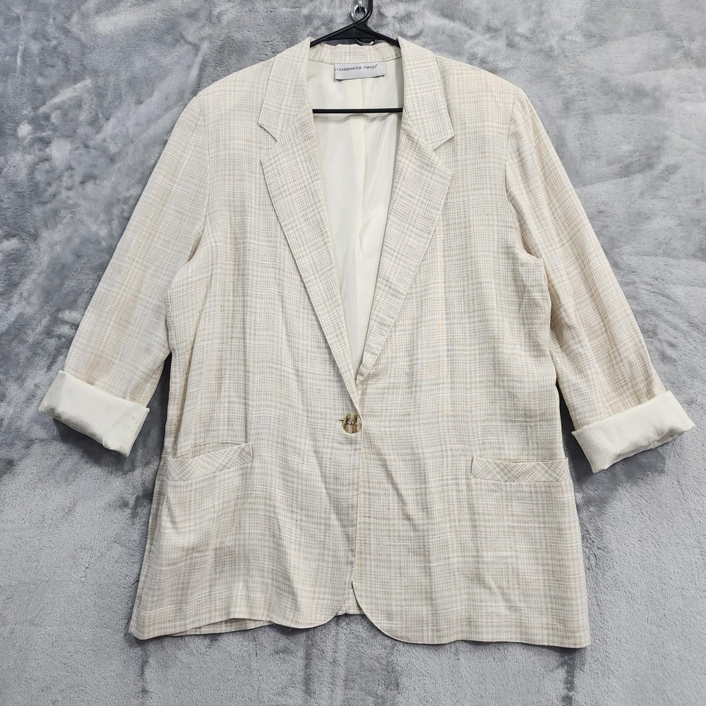 Vintage Fundamental Things Blazer Womens L Beige Plaid Linen Blend Jacket Casual